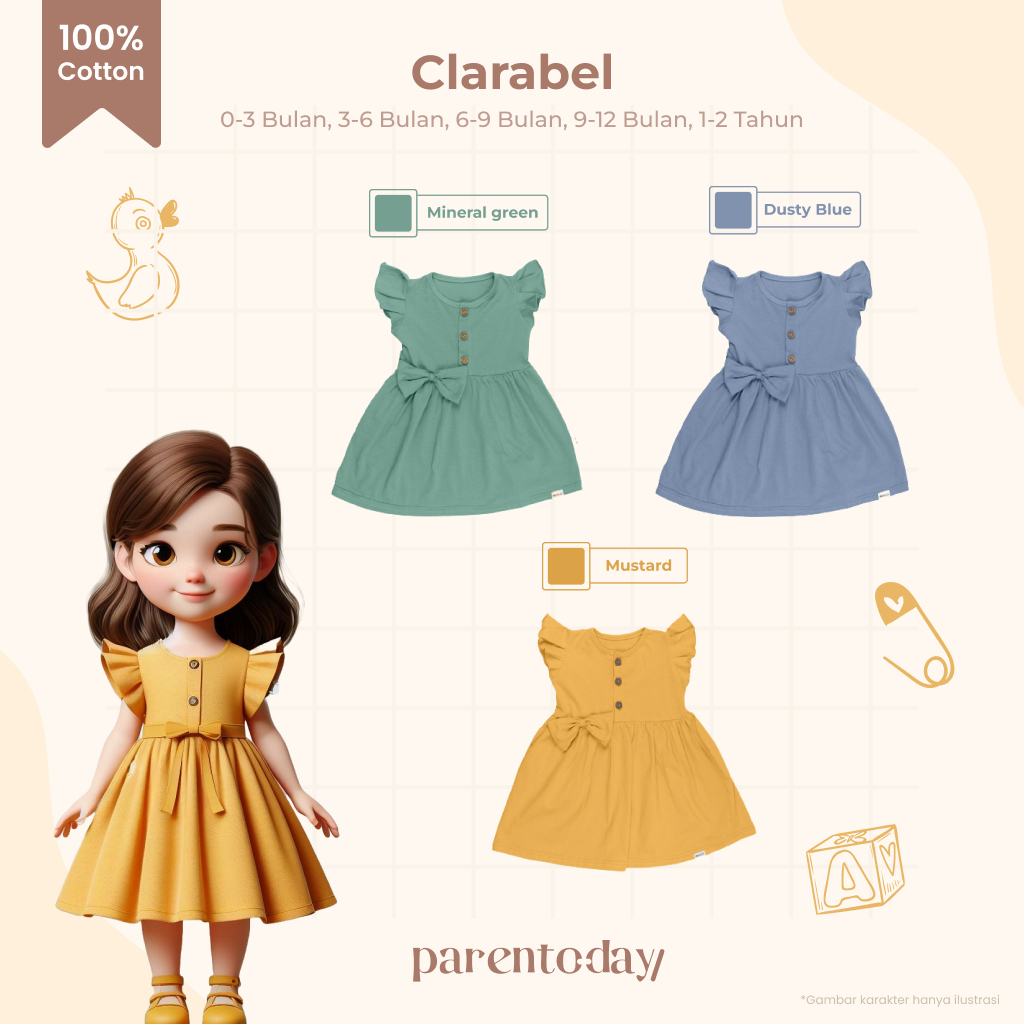 Clarabel Dress - Dress Bayi & Anak Lengan Ruffle Premium - Bahan Cotton - Perempuan - Parentoday by 