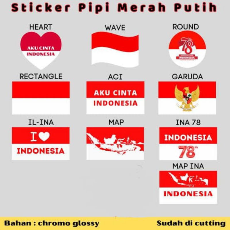 

stiker pipi merah putih/stiker bendera indonesia/stiker untuk agustusan,isi 20 picis dengan ukuran 2,5x3,5cm dan 2x3cm bahan yang bagus,,dan tahan lama