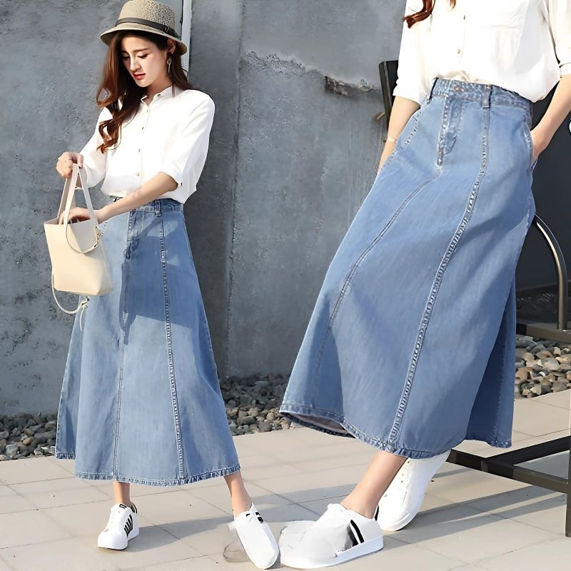 Rok jeans panjang payung wanita dewasa rok jeans payung lucu rok jeans panjang highwaist