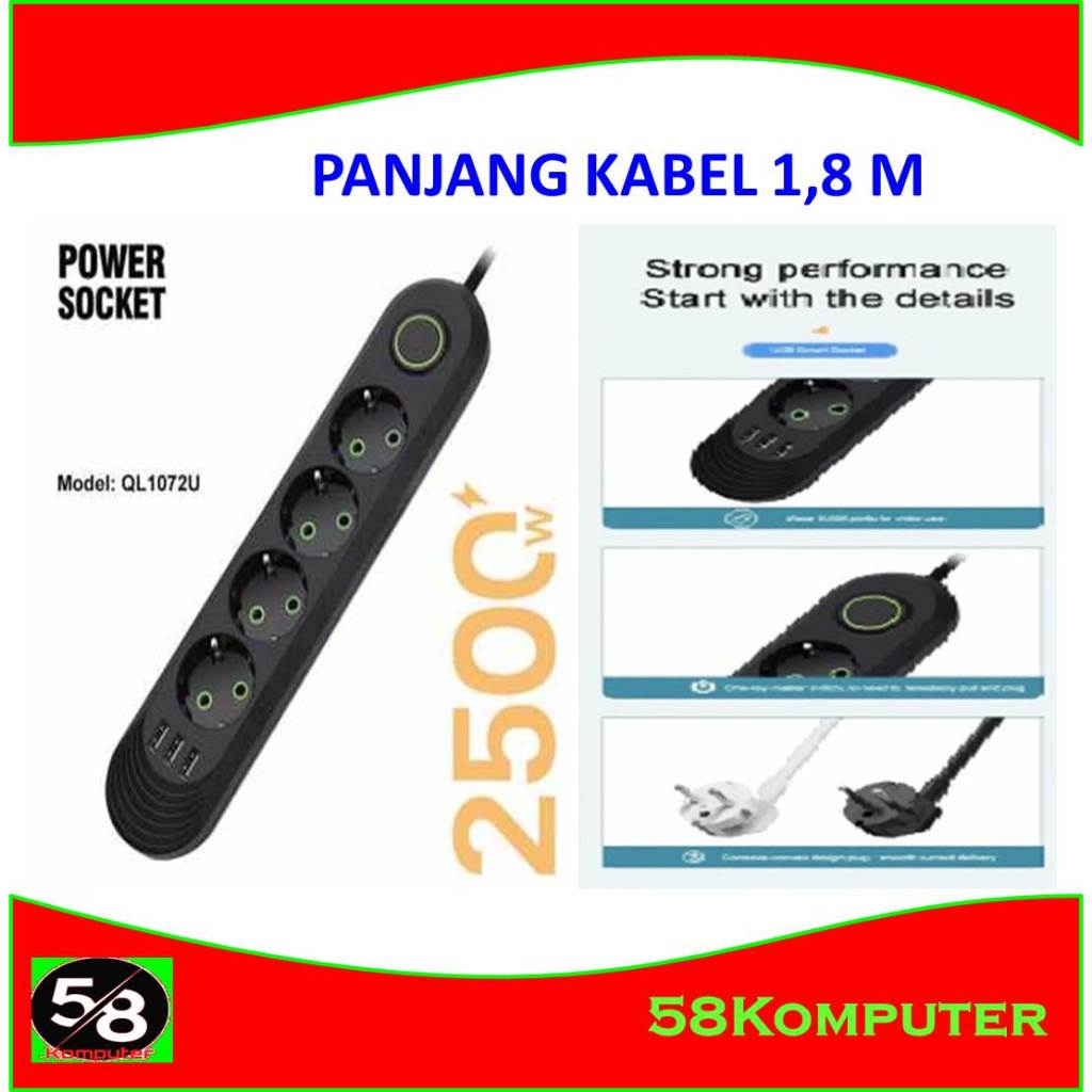 2500W Stop Kontak Terminal Colokan Listrik 4 Lubang USB 10A 2500 W stop kontak + Kabel Serbaguna Mul