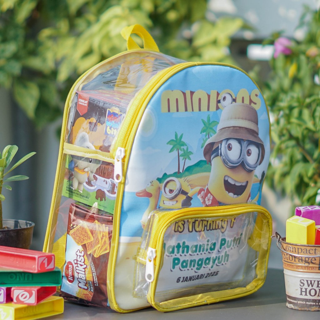 Custom Tas Ransel Anak Bahan Mika bening kombinasi kulit sintetis print, cocok untuk ultah, hampers