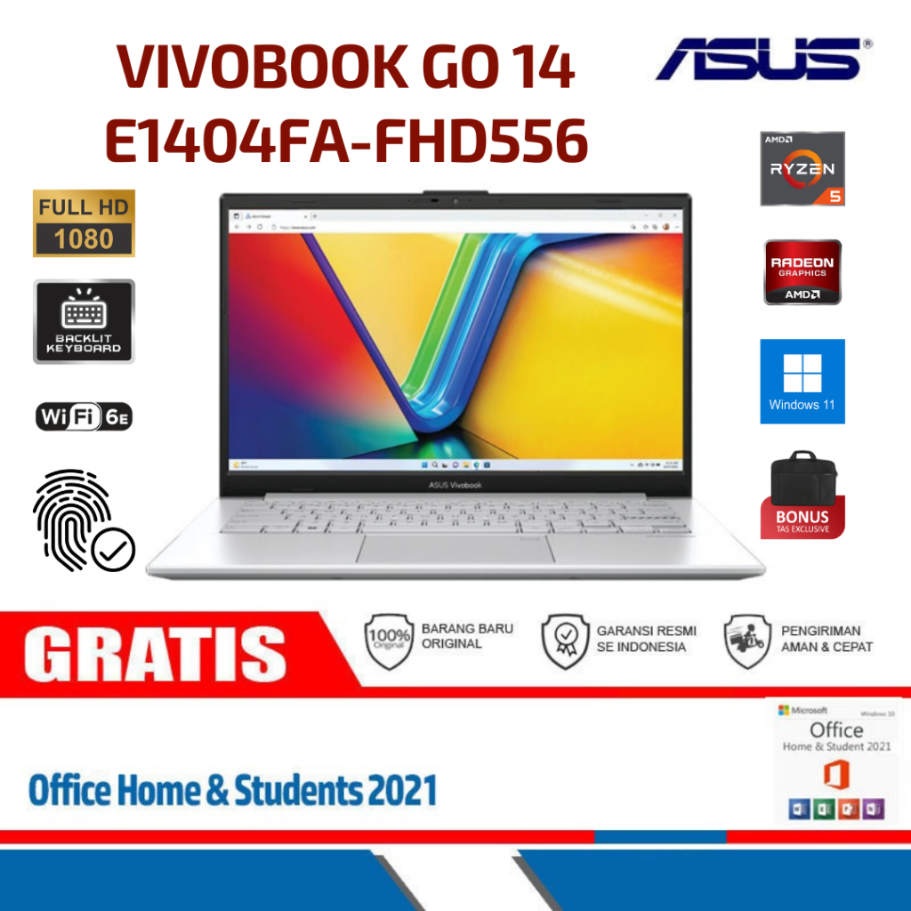 Laptop Asus Vivobook Go 14 E1404FA-FHD556 | Ram 8 gb | ssd 512gb | | Windows 11 original + ohs 2021 