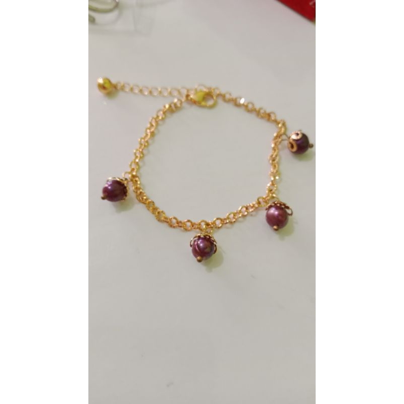 G1 GELANG MUTIARA ASLI AIR TAWAR LOMBOK MERAH MARUN RANTAI RHODIUM LAPIS EMAS GELANG RANTAI JUNTAI