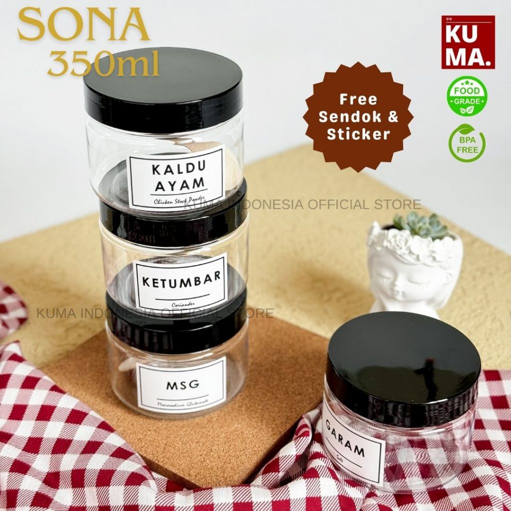 KUMA Sona 350ml Tutup Hitam Toples Bahan Plastik Food Grade Free Stiker