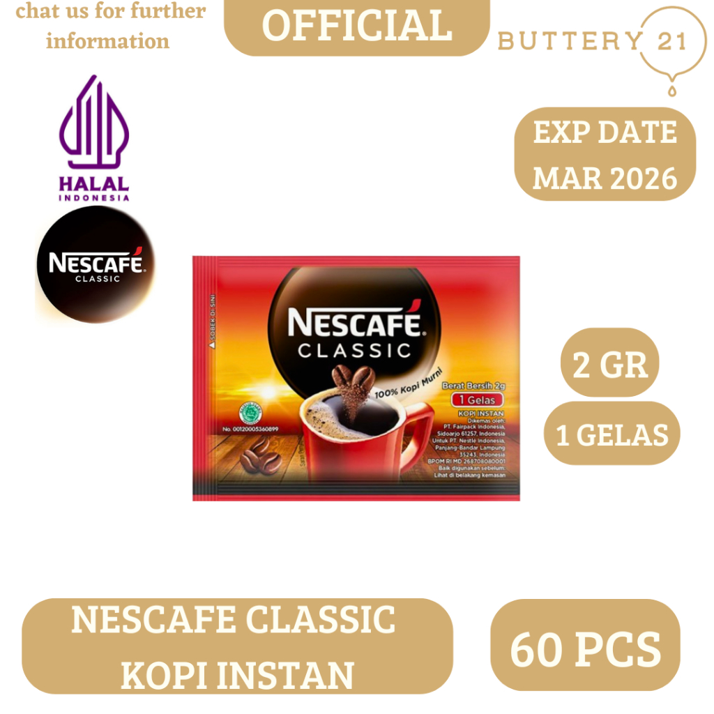 

NESCAFE CLASSIC 2 GR X 60 PCS/ISI 60 PCS/KOPI INSTAN/KOPI HITAM/KOPI BUBUK/KOPI SACSET