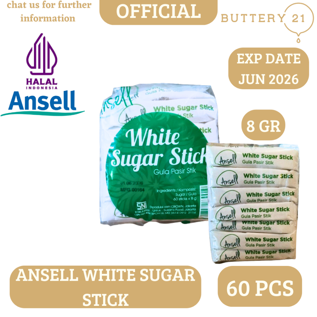 

ANSELL WHITE SUGAR STICK 8 GR X 60 PCS/ISI 60 SACHET/GULA PASIT STICK/GULA STICK