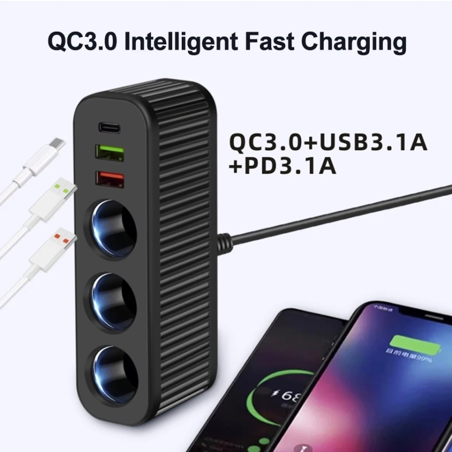 Splitter Socket Lighter Mobil Extension 120W USB QC3.0 Super Fast D27