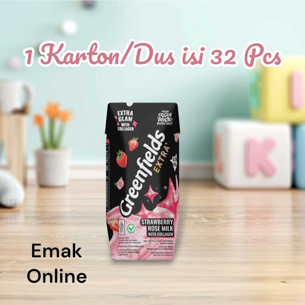 

Susu UHT Greenfields Extra Glam Strawberry Rose Milk 200 ml isi 32 Pcs