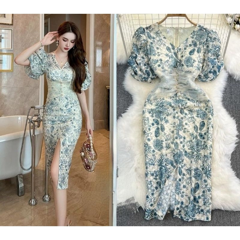 balloon balon sleeve puff blue dress biru tosca toska korean paris parisian europe eropa vintage kla