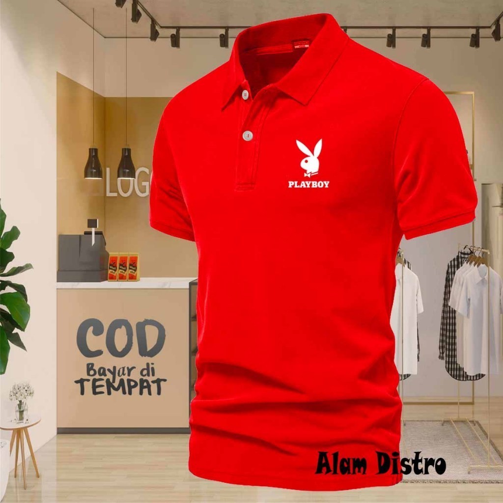 T-Shirt POLO kerah Playboy Text Putih Quality Kaos Kerah Dewasa Shirt / Kaos Wangki Pria Polo