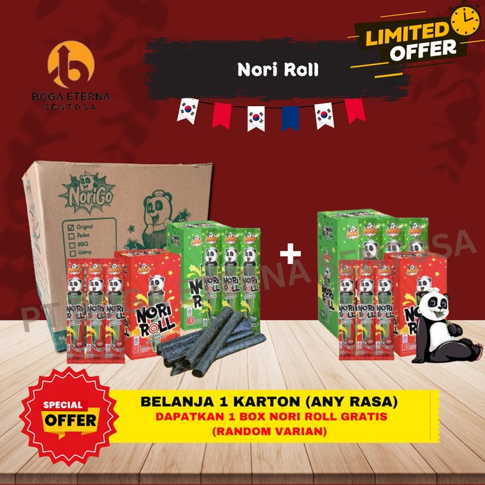 

(SPESIAL PROMO!) Nori Roll 1 KARTON FREE 1 BOX/ Nori Roll Snack 3g Rumput Laut HALAL