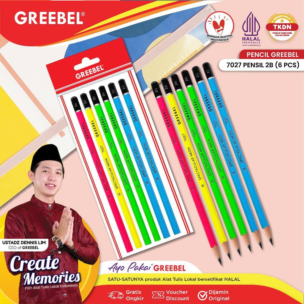 

6PCS GREEBEL Pensil Kayu 2B (7027) Neon / Pensil Tulis / Grafit / Graphite / Pensil Ujian Sekolah / Pensil Gambar