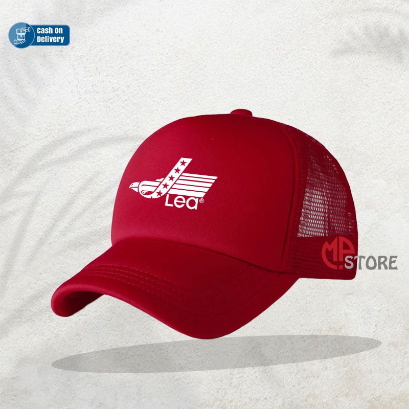 COD Topi distro Pria Wanita Terkeren Logo Lea Text Premium Quality - Topi Trucker Jaring Good Qualit
