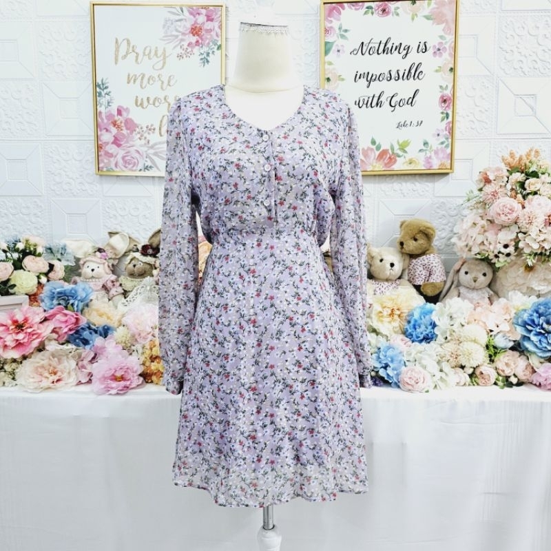 Dress lilac sifon bunga lengan panjang