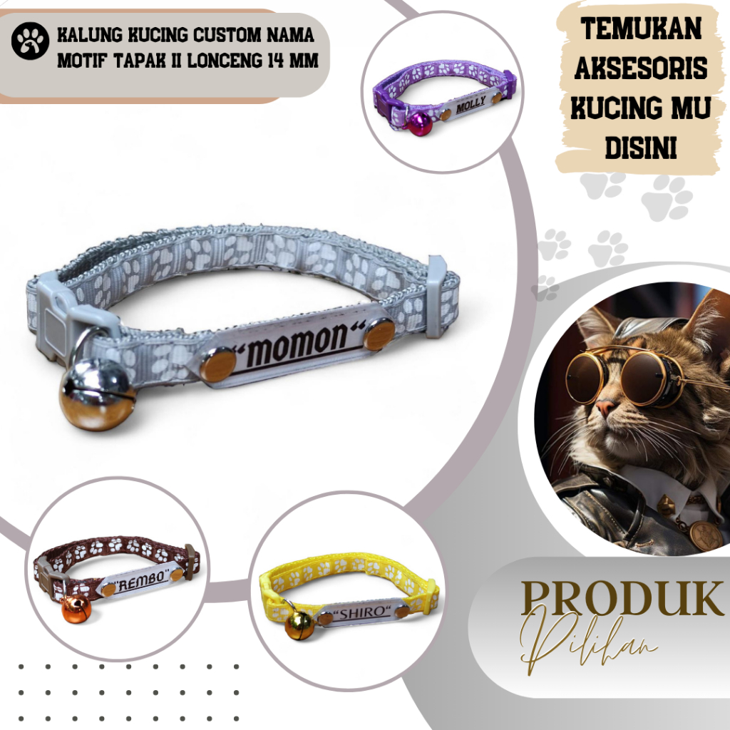Kalung Kucing Custom Nama dan Lonceng 14mm Motif Tapak Tipe 2 Lucu Bahan Akrilik Aman