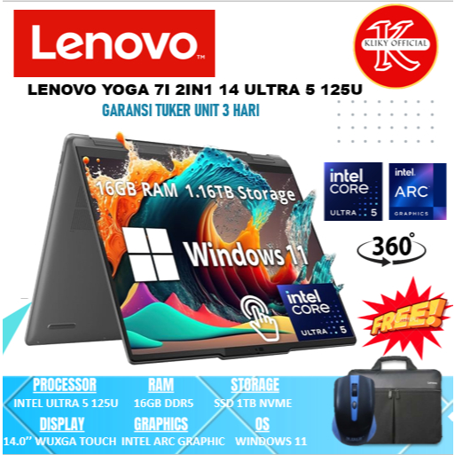 Laptop Touchscreen Lenovo Yoga 7i 14 Intel Ultra 5 125U Ram 16GB ssd 512 GB Laptop Baru 2024