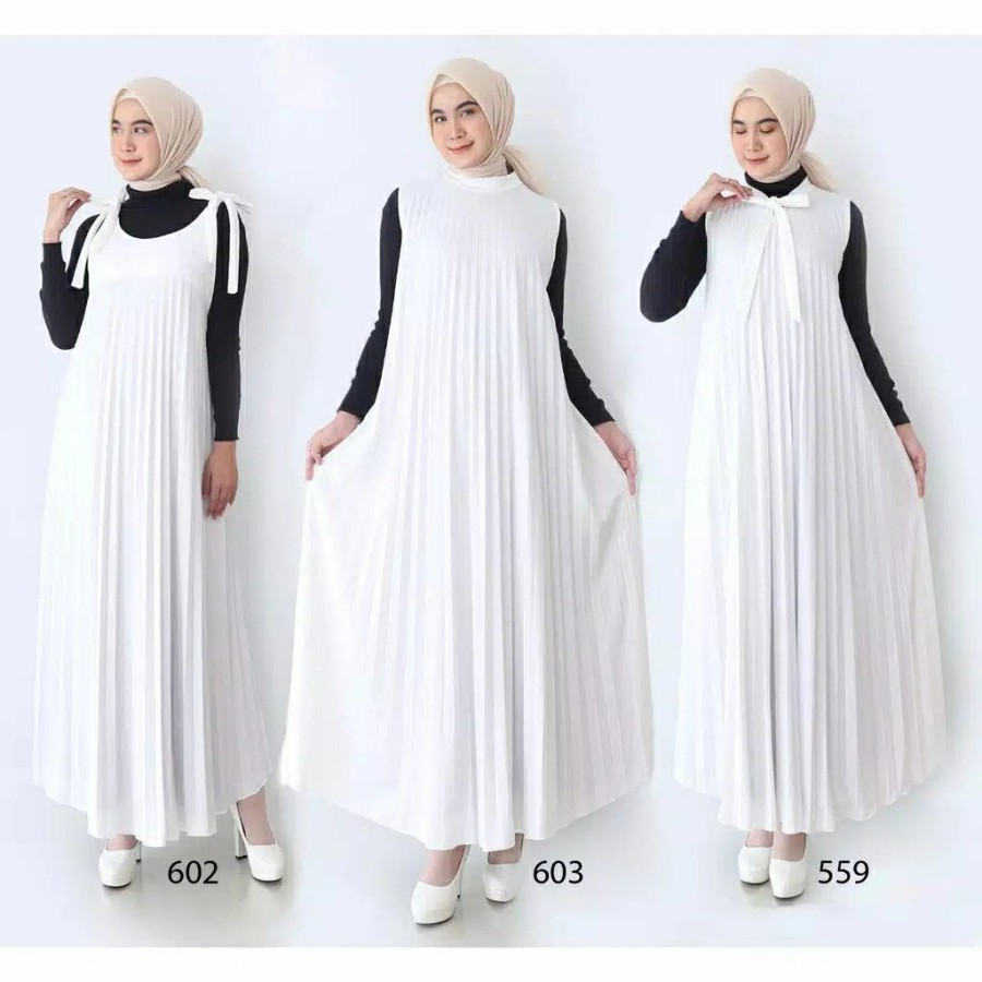 Gamis Putih Wanita Baju Muslim Kutung Plisket Overall Tanpa Lengan