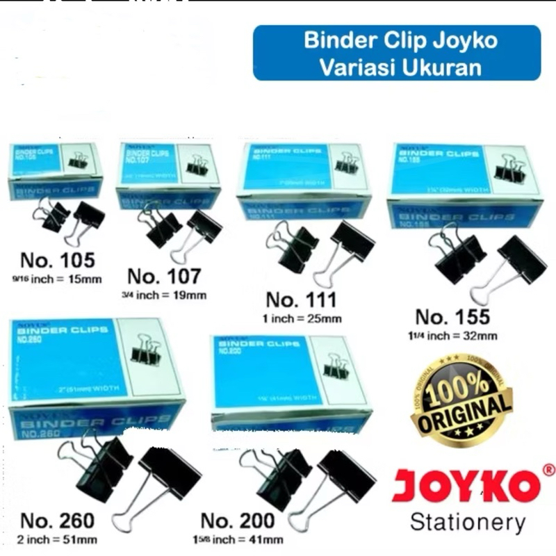 

( 1 pack ) Binder Clip / Bc No. 105 107 111 155 200 260 280 Joyko / Penjepit Kertas Besar Sedang Kecil / Jepitan Klip Kertas Serbaguna