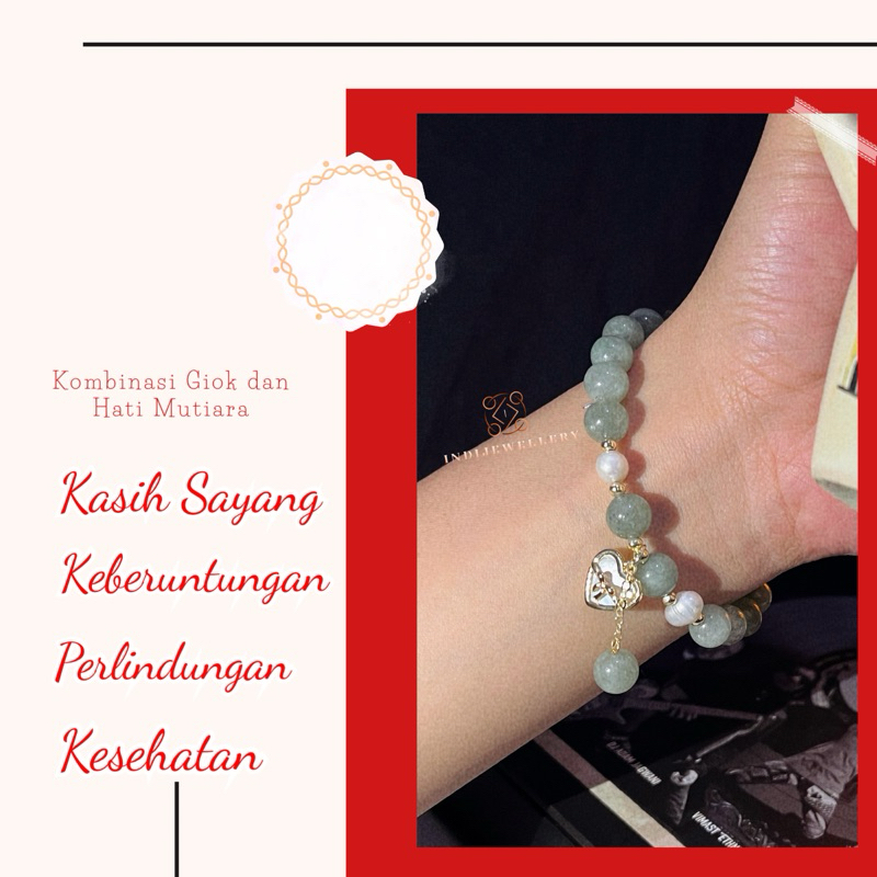 Gelang Batu Giok Jade Dengan Kombinasi Mutiara Air Laut Asli dengan Sertifkat