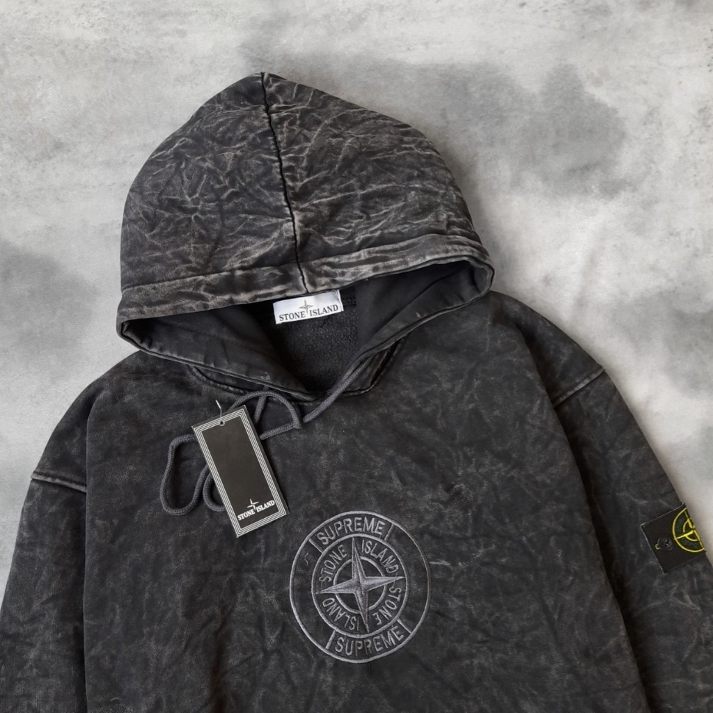 ORIGINAL JAKET HOODIE STONE ISLAND X SUPREME BORDIR FULL LABLE AND TAGG EMBOS FREE TOTEBAGG