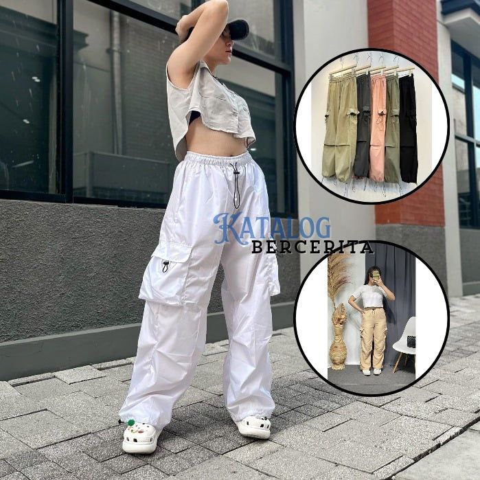 Celana Bawahan Kulot Cargo Cewek Kekininan Model Saku Samping Tali Serut Karet Kekininan Anak Skena