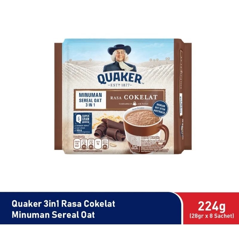 

QUAKER OATS 3IN1 Rasa chocolate/vanilla POLYBAG 224gr (isi 8 sachet) exp juni 2025