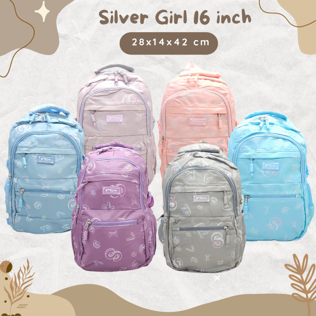 STYLISH BAGPACK MOTIF ALPHABET LUCU COLORFULL BAHAN PARASUT KOREA LEMBUT 18 INCHI BANYAK RUANG ORIGI