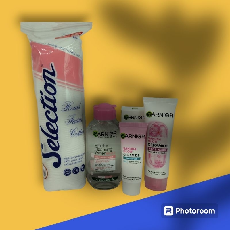 paket 4in1 GARNIER SAKURA GLOW WATER-GEL / FACE WASH & MICELLAR WATER ALL-IN-1/ kapas