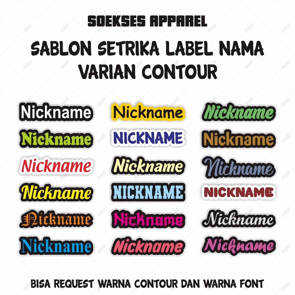 

Sticker Label Nama Kain Baju, Sablon Setrika Varian Contour ( Bisa Custom Nama ) . 1 Lembar A4 Isi 72 Pcs