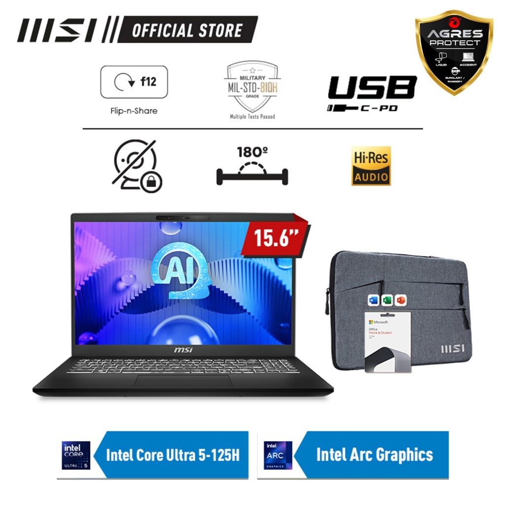 MSI MODERN 15H AI ULTRA 5 125H 16GB 512GB W11+OHS 15.6FHD IPS