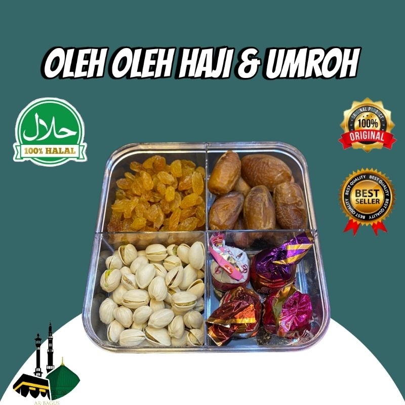 

Oleh Oleh Haji & Umroh Sekat 4 Kurma Tangkai-Kismis-Kacang Arab-Coklat turkey