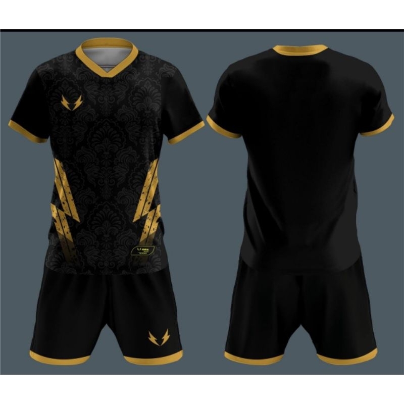 Sixa Apparel  Baju Futsal Setelan Stelan Jersey Bola dari MUZAKAR  Hitam Emas Gold , Bisa Sablon