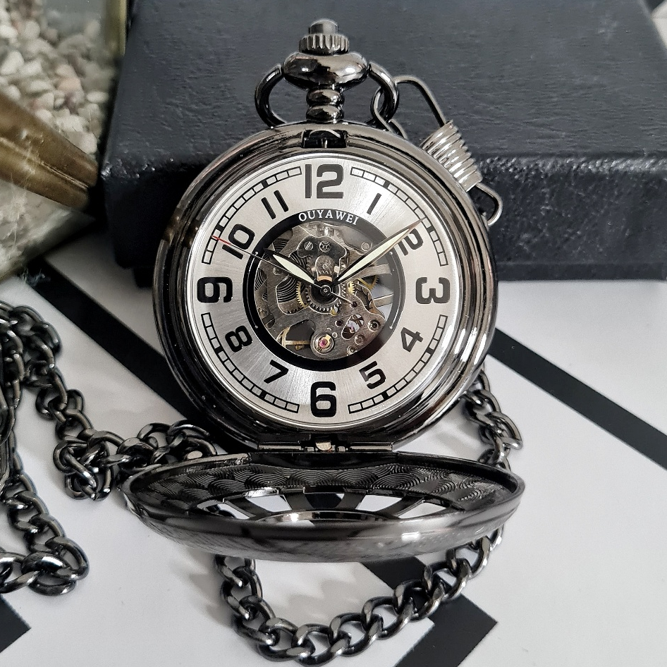 POCKET WATCH Oscar Jam Kantong Saku Automatic Otomatis Mechanical Mekanik Half Hunter Hitam Skeleton