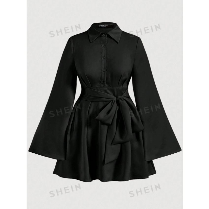 SHEIN MOD Women's Plus Size Solid Color Bell Sleeve Belted Dress