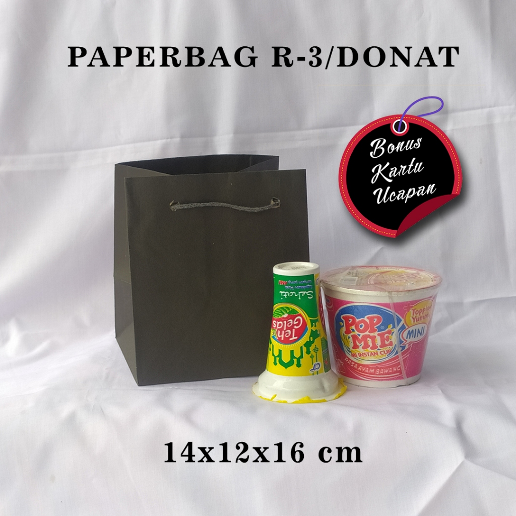 

PAPERBAG BONUS KARTU UCAPAN UKURAN R-2/DONAT (P14 x L12 x T16 CM) WARNA HITAM POLOS
