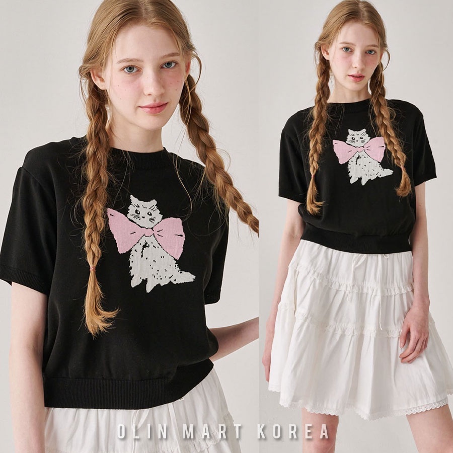 RONRON_RIBBON CATS SHORT SLEEVE KNIT BLACK