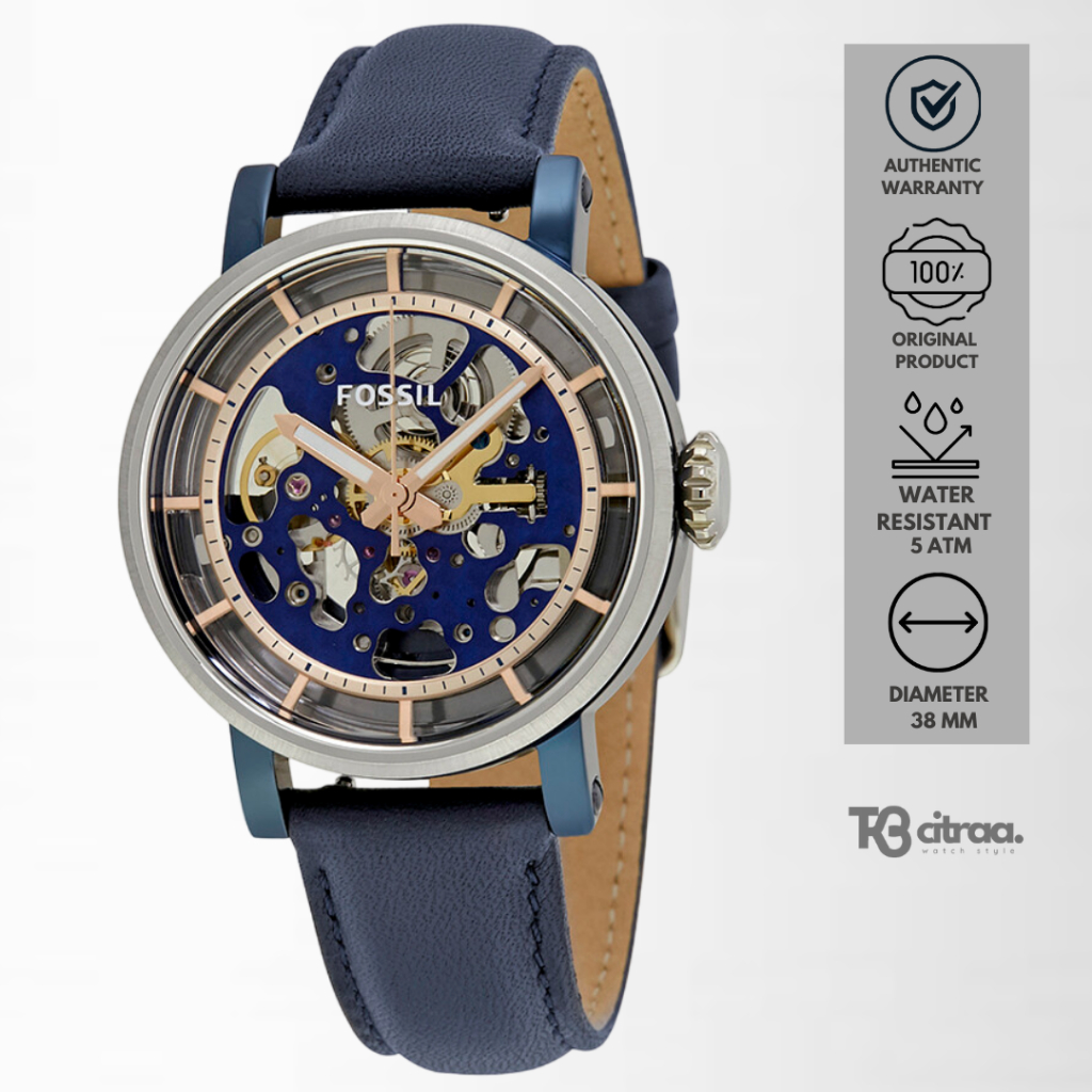 jam tangan fossil automatic wanita boyfriend analog strap kulit blue cewek leather water resistant c