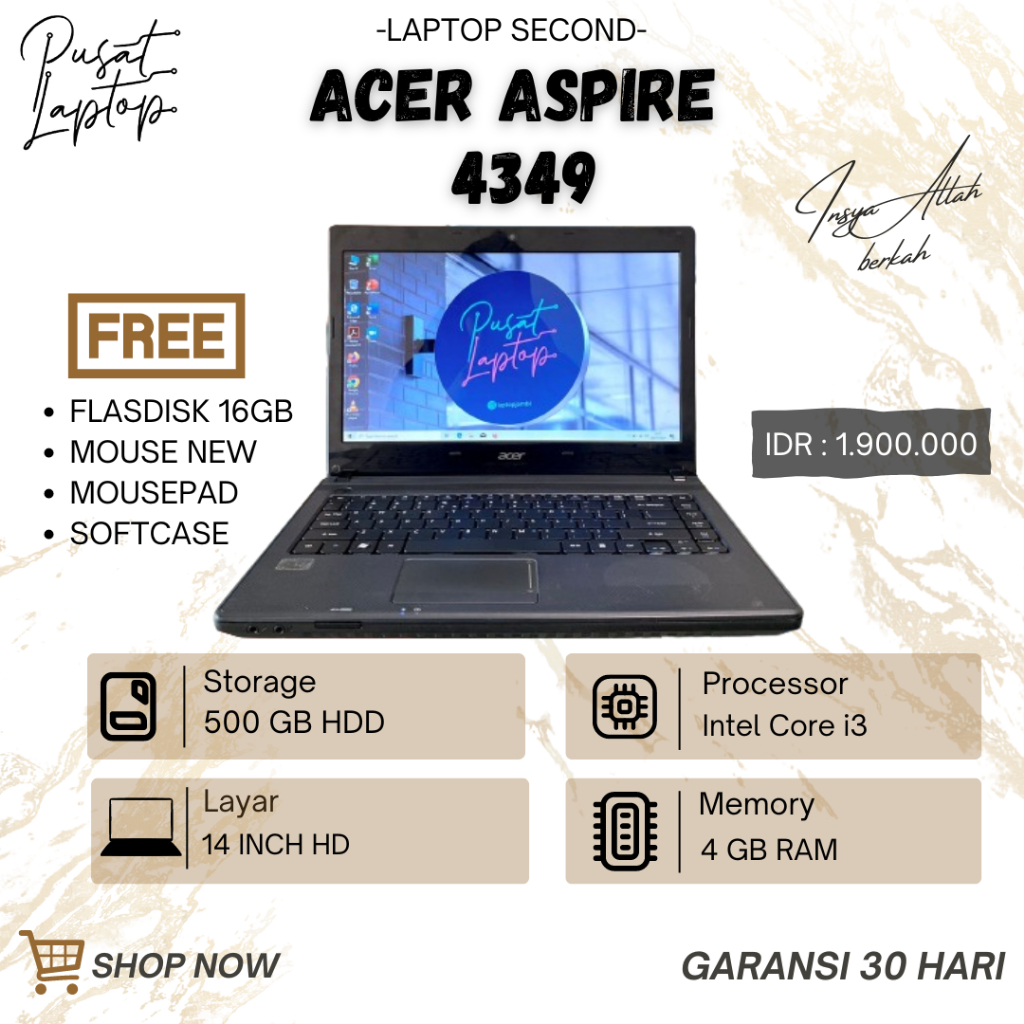 LAPTOP ACER ASPIRE 4349 | INTEL CORE I3 | 4GB RAM | 500GB HDD | 14 INCH | SIAP PAKAI | BERGARANSI
