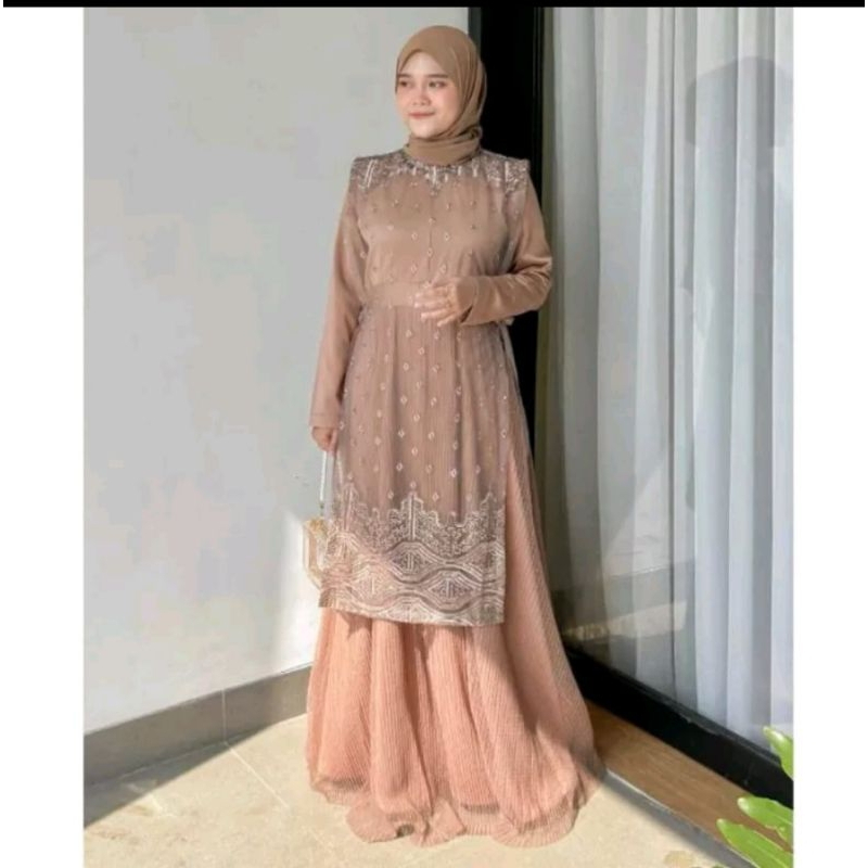 Terbaru Outer Brukat Panjang Long Vest Rompi Brukat Luaran Gamis Tanpa Lengan Cardigan Brukat Kekini