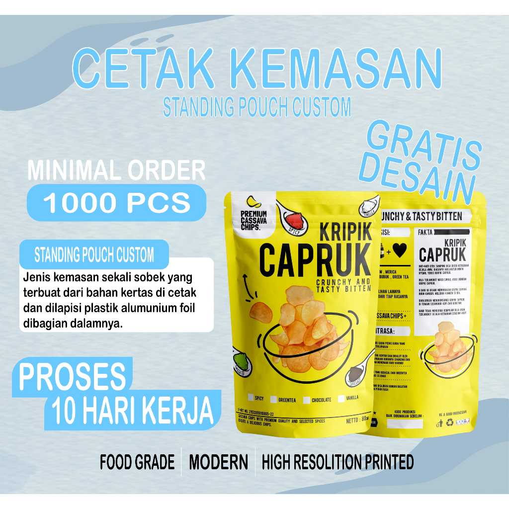 Kemasan Makanan Standing Pouch Custom Printing Alumunium Foil 1000 Pcs