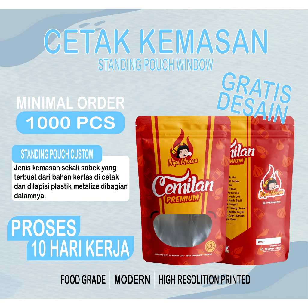 Cetak Kemasan Makanan Standing Pouch Custom Printing Window 1000 Pcs