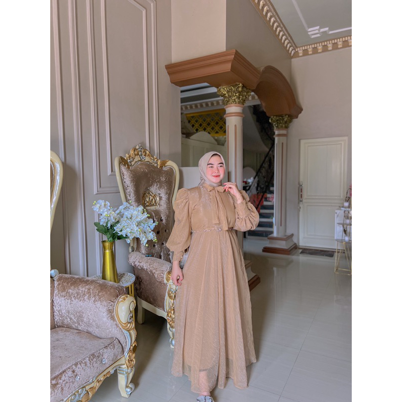 {RHS} Saveeya gamis silk furing crinkle // gamis silk free belt // gamis payet kondangan