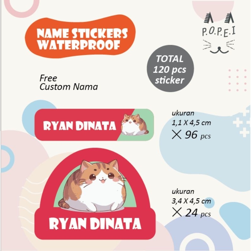 

Custom Sticker Label Nama Murah Lucu Anak - Waterproof - Fat Cat kucing gendut