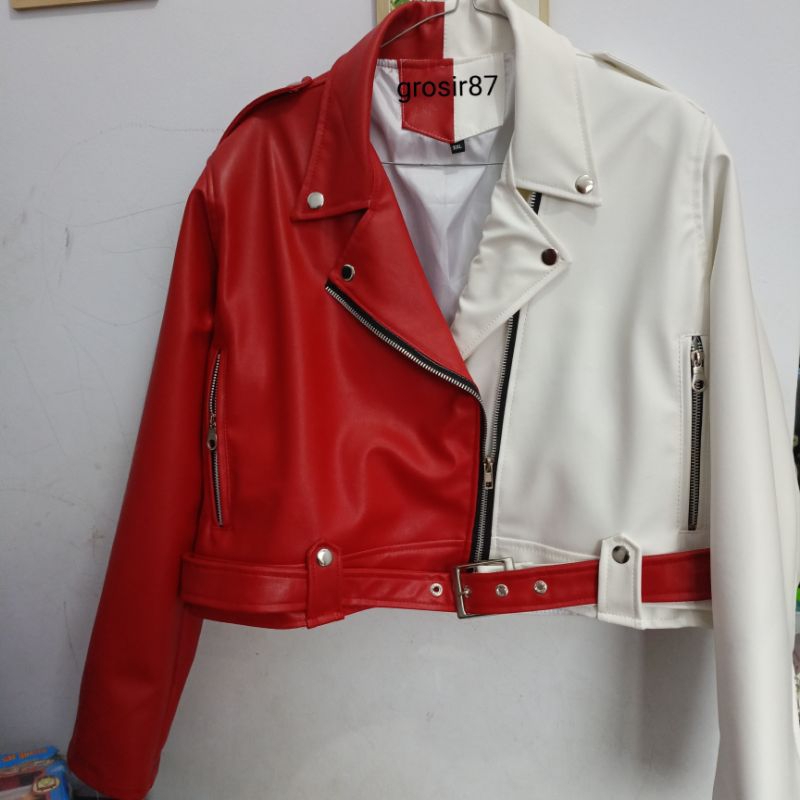 jaket Merah Putih crop cewe semi kulit hut Indonesia