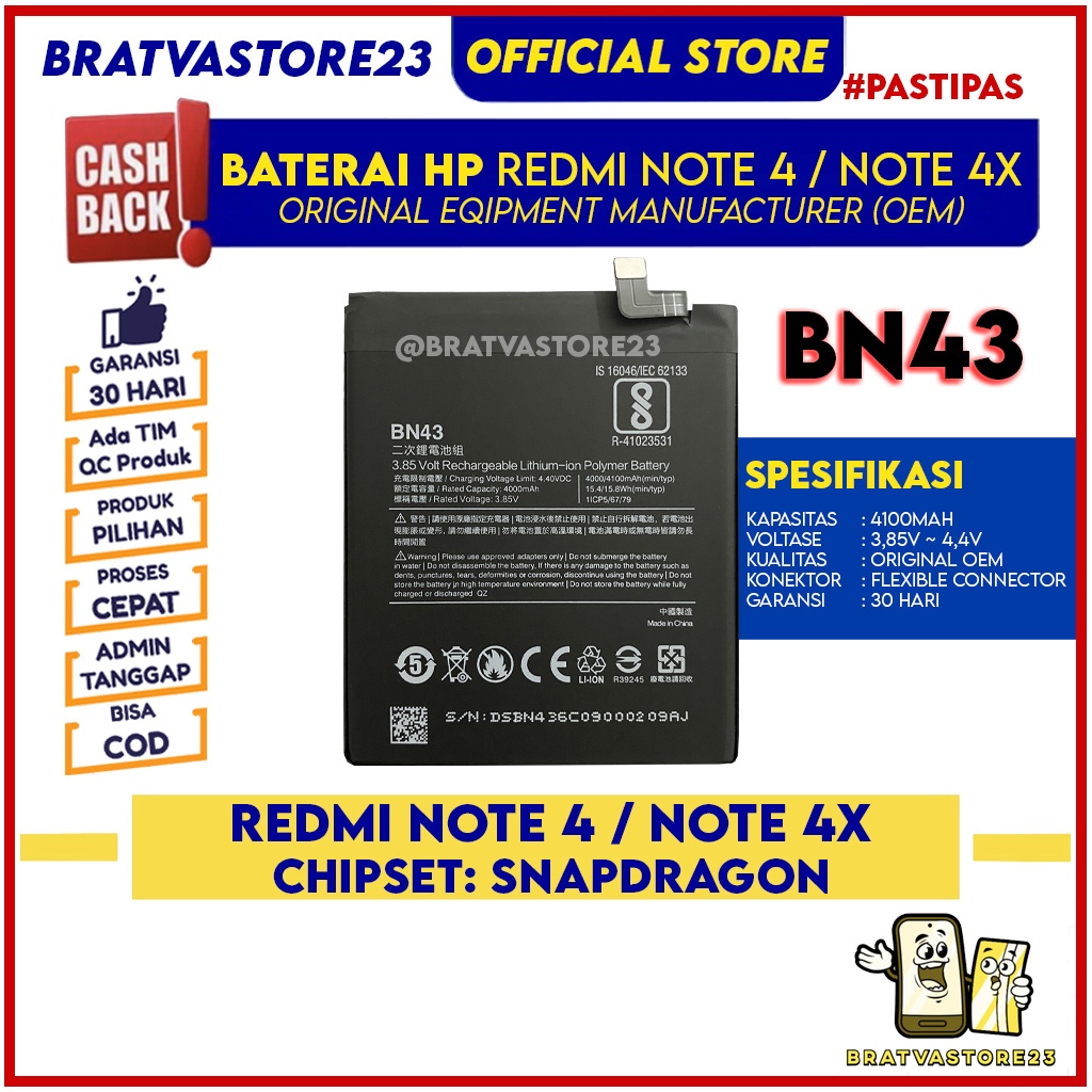 Baterai Redmi Note 4 Snapdragon / Note 4x Snapdragon BN43 Batre Batrai Battery Hp Original