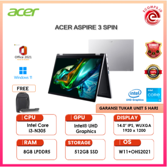 ACER Aspire 3 Spin 14 A3SP14-31PT-35GN i3-N305 8GB 512GB 14" Touch X360 W11 OHS - UNIT