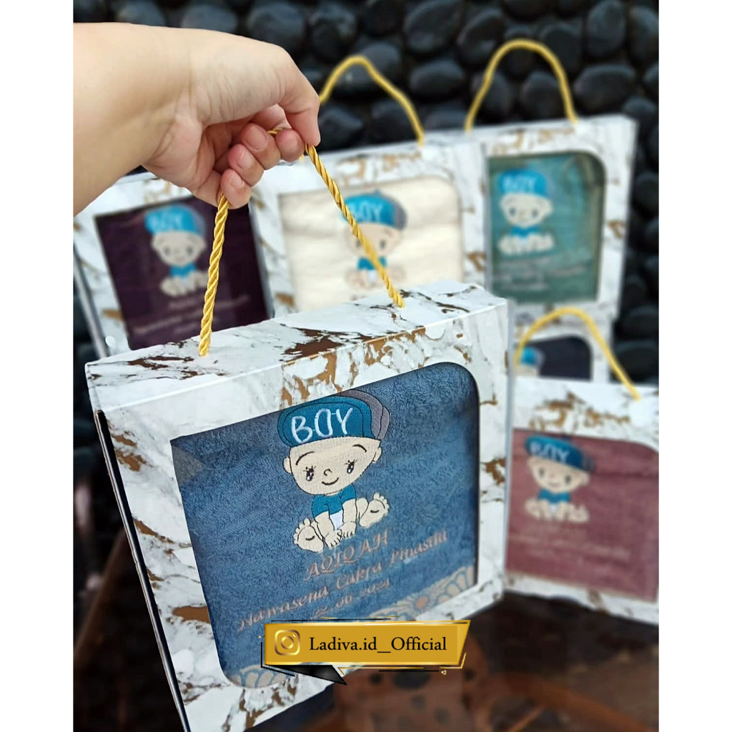 Souvenir Handuk Premium Custom Nama untuk Acara Aqiqah / 1 Bulan-an / Baby 1 month / Baby Born + Exc