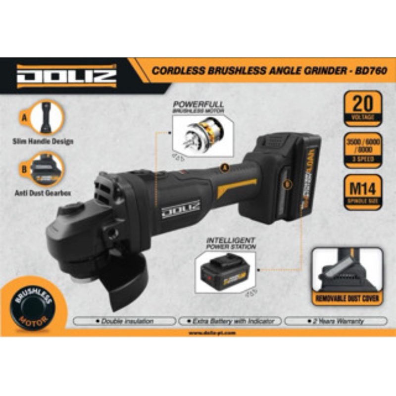 DOLIZ BD760 Mesin Gerinda Gurinda Tangan Baterai Cordless 20V 4" inch