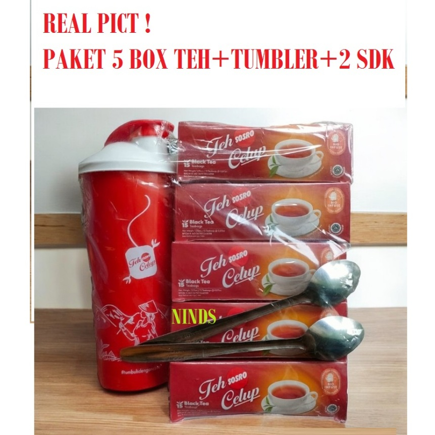 

PAKET HEMAT 5 BOX TEH CELUP SOSRO + BOTOL TUMBLER + 2 PCS SENDOK TEH