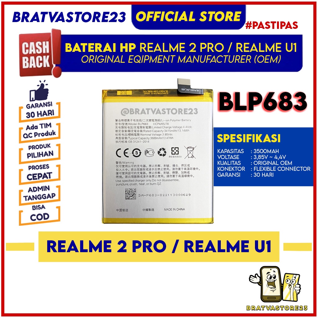 Baterai Realme 2 Pro / Realme U1 BLP683 Batre Batrai Hp Original
